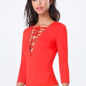 Bebe Ballet Ponte Lace up bodysuit red